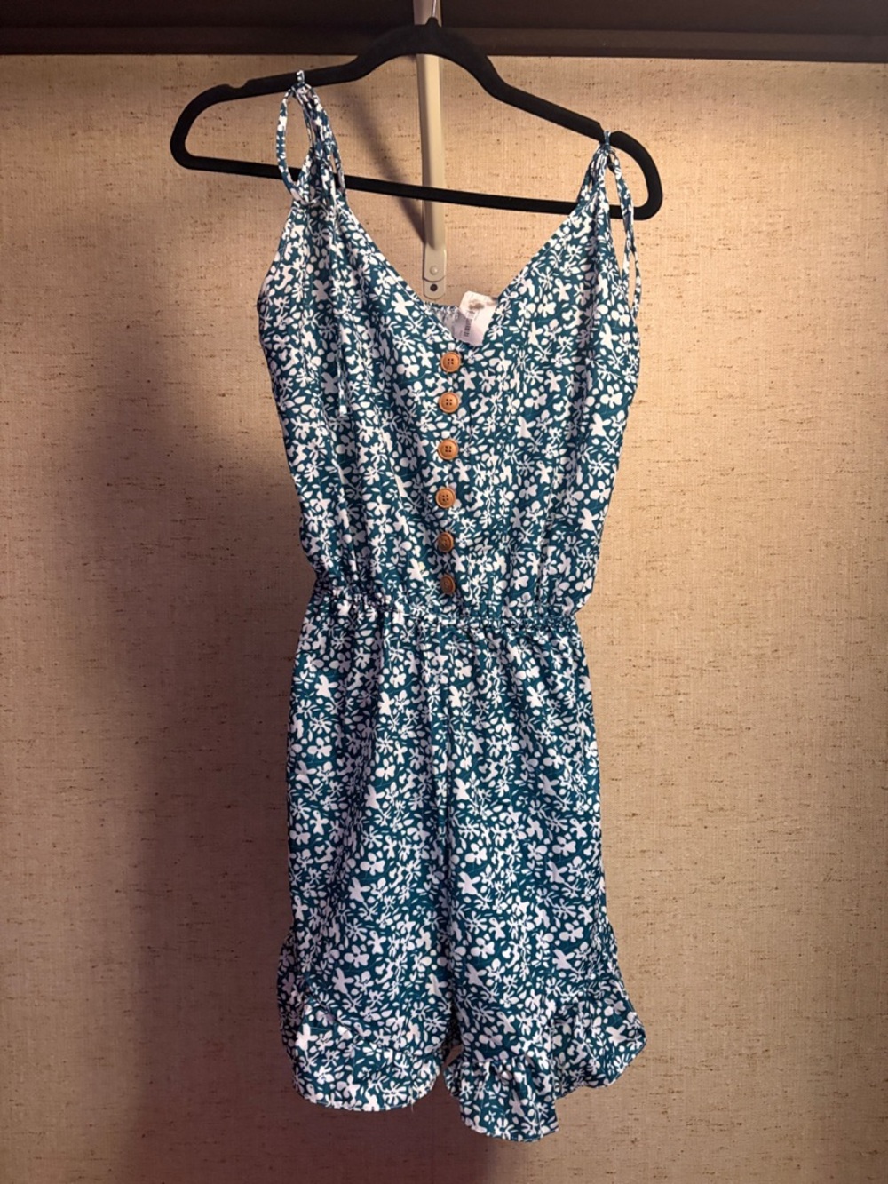 Womans Teal Floral Button-Front Romper with Adjustable Straps